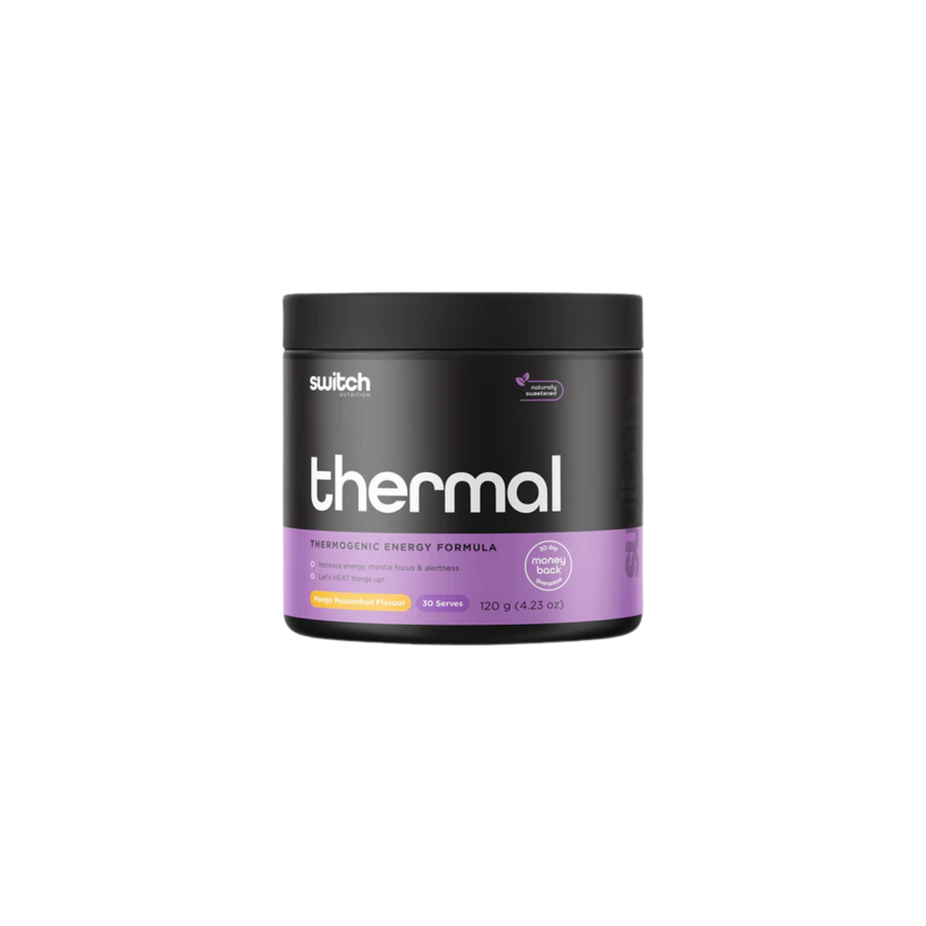 Black and purple container labeled 'thermal' on a white background