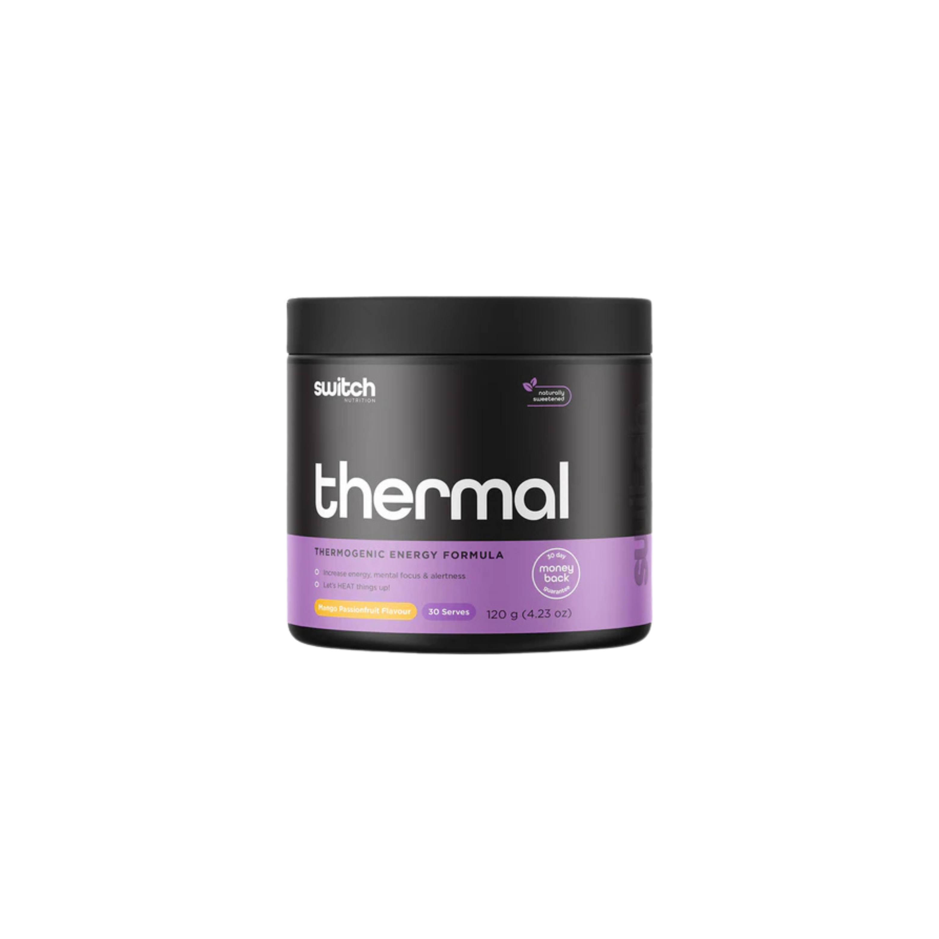 Black and purple container labeled 'thermal' on a white background