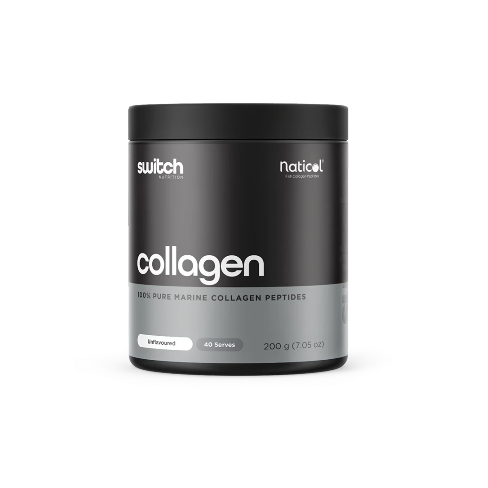 Black container of collagen powder with 'switch' and 'Naticol' branding on a white background