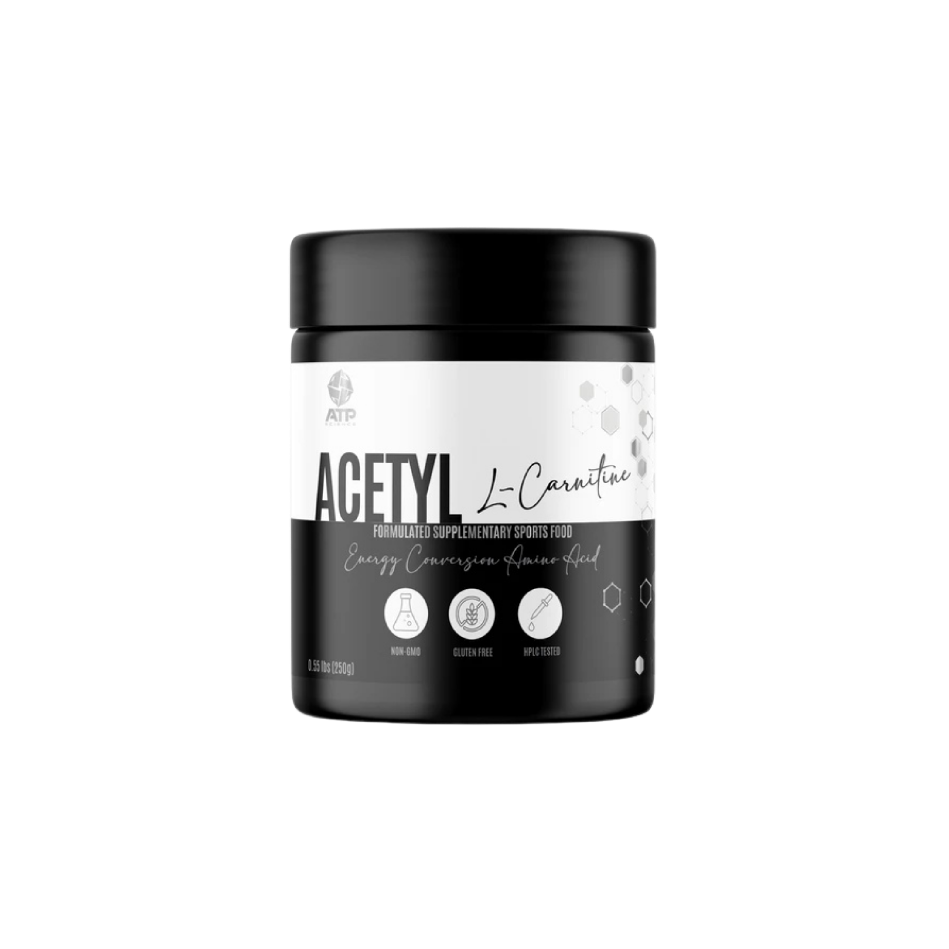 Black and white supplement container labeled 'Acetyl L-Carnitine' on a white background