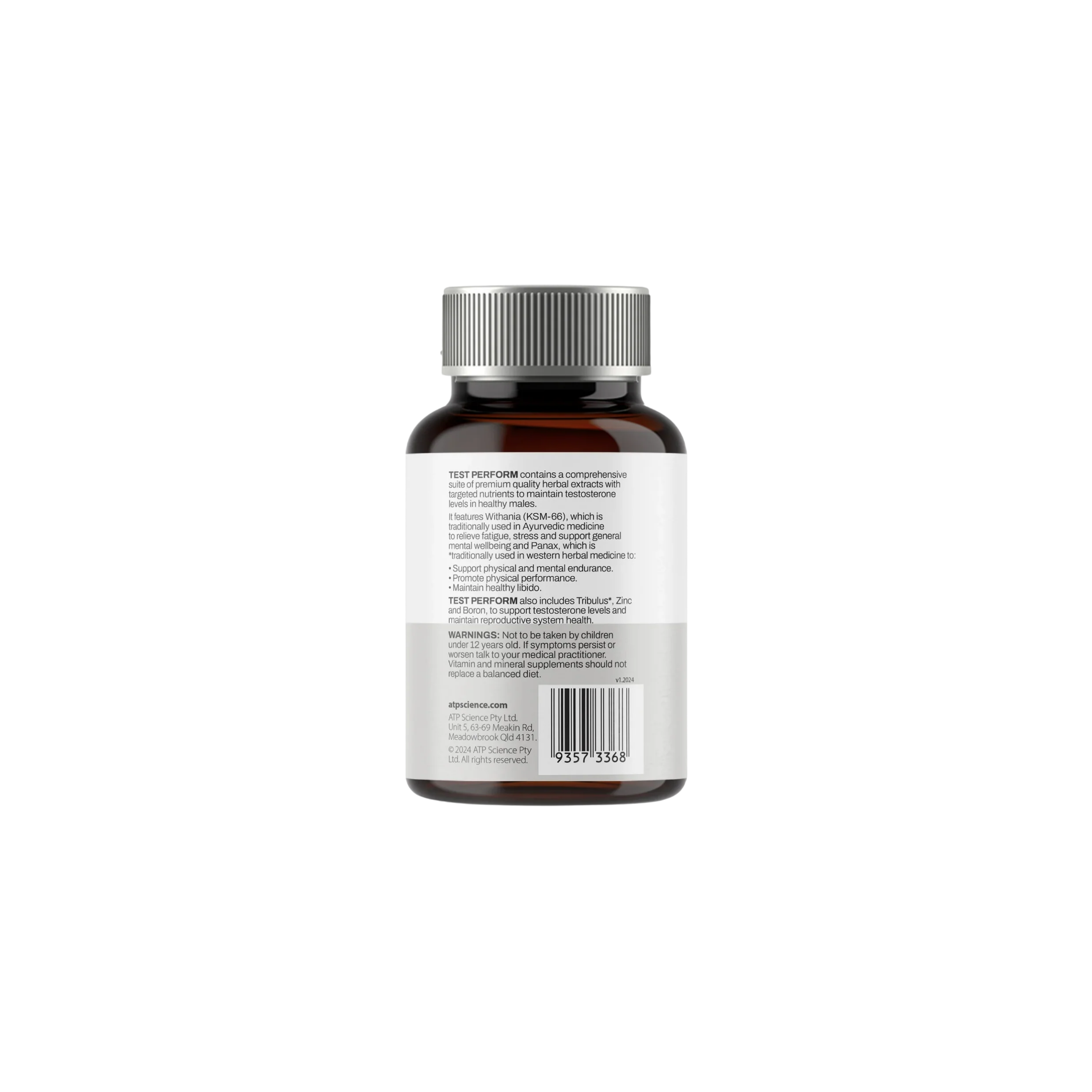 Brown supplement bottle with label on a white background