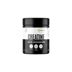 Creatine supplement container with black lid and white body on a white background