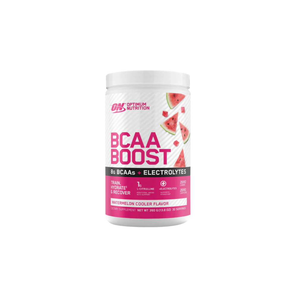 Optimum Nutrition BCAA Boost supplement container on a white background