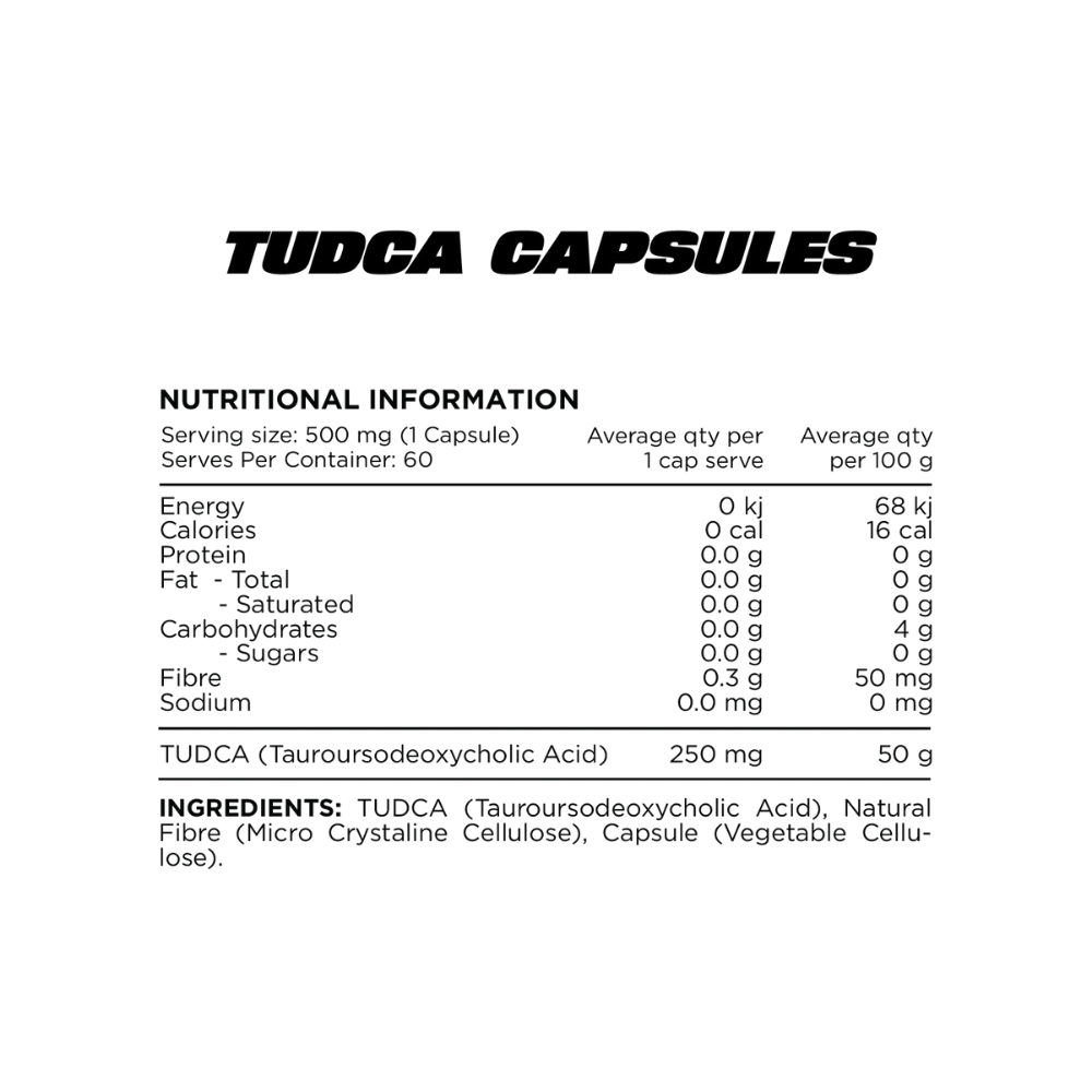 Nutritional information label for TUDCA capsules on a white background