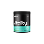 Container of switch vitality revitalising greens powder on a white background