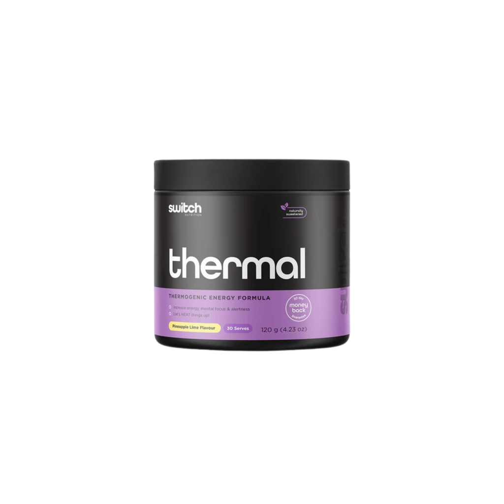 Black and purple container of 'switch' thermal product on a white background