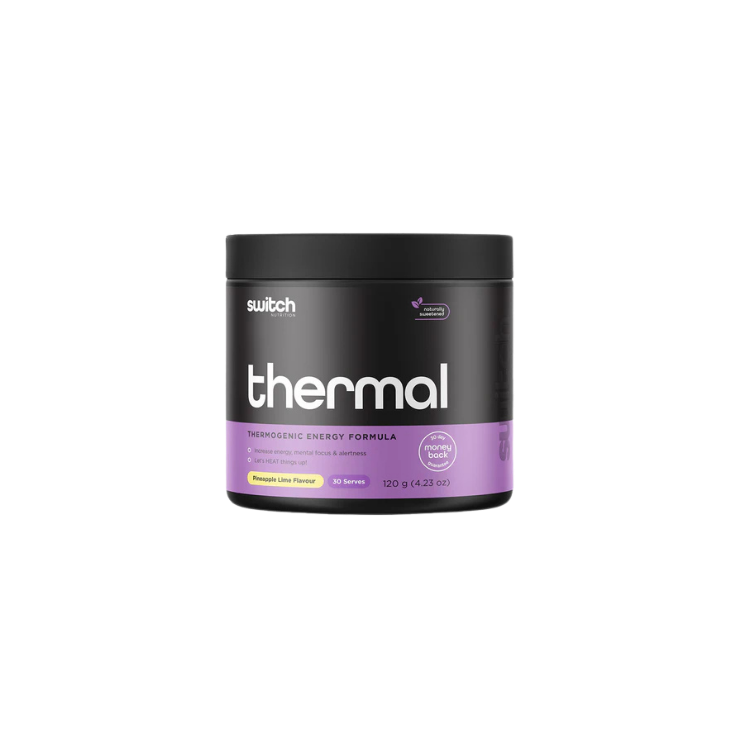 Black and purple container of 'switch' thermal product on a white background