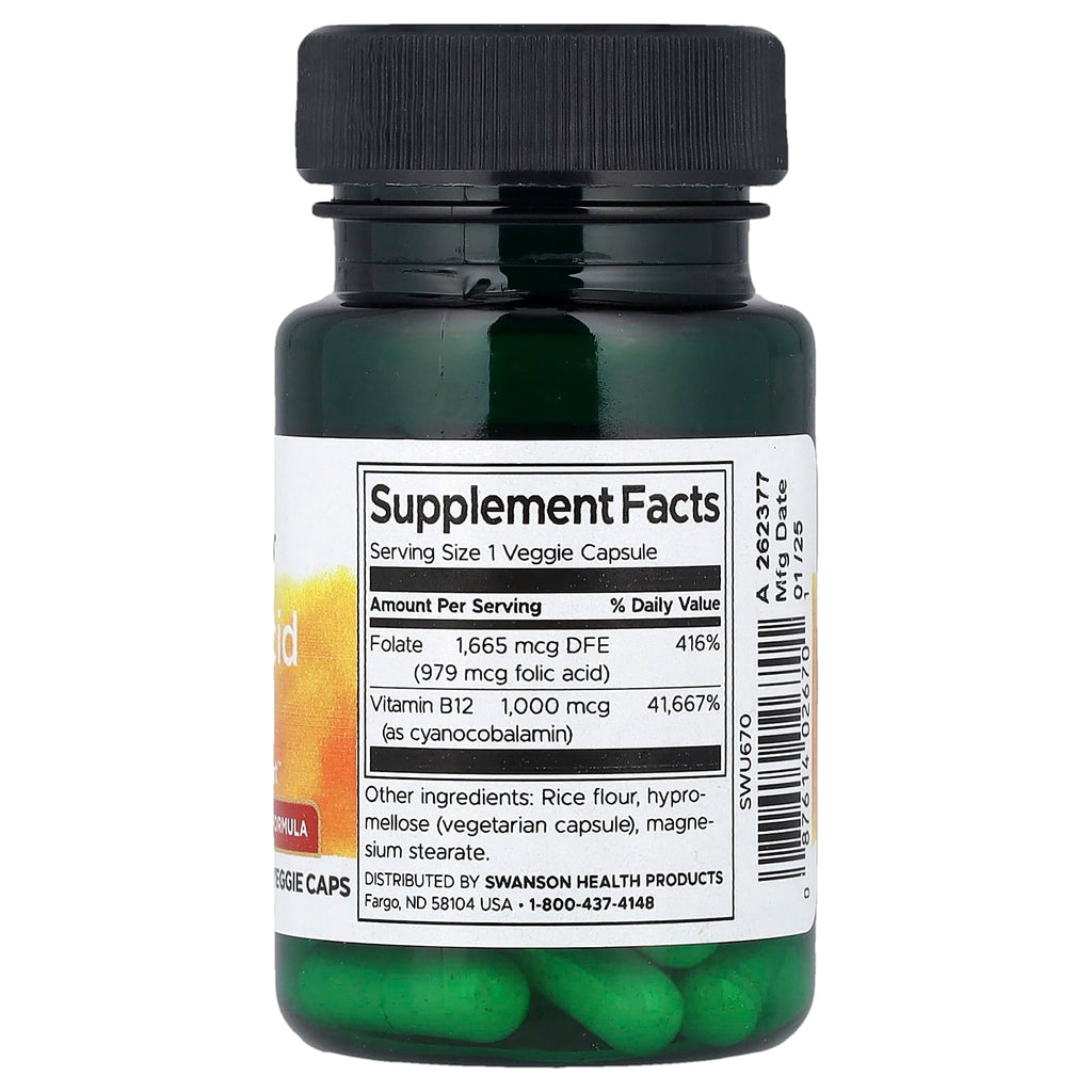 Swanson Folic Acid & B12 30 Veggie caps