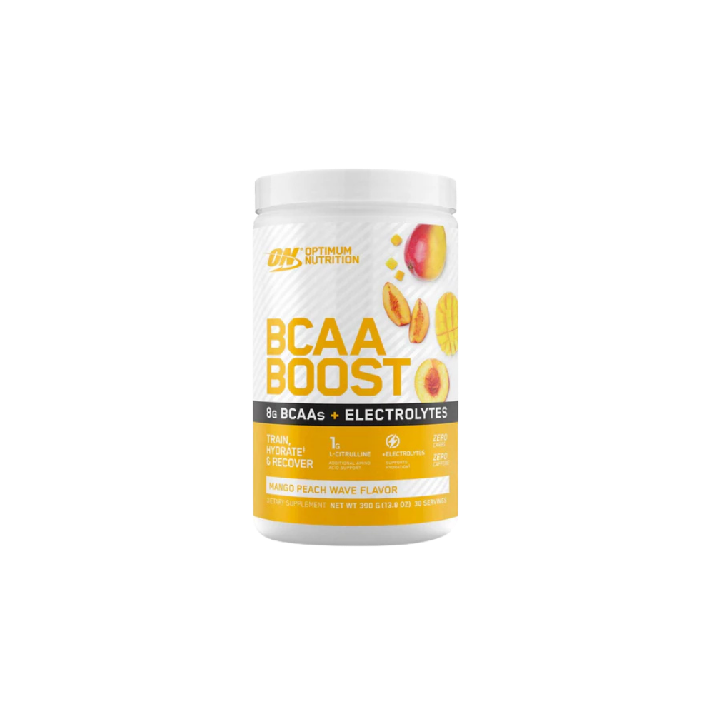 Optimum Nutrition BCAA Boost supplement container on a white background