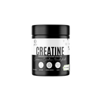Creatine supplement container with black lid and white body on a white background