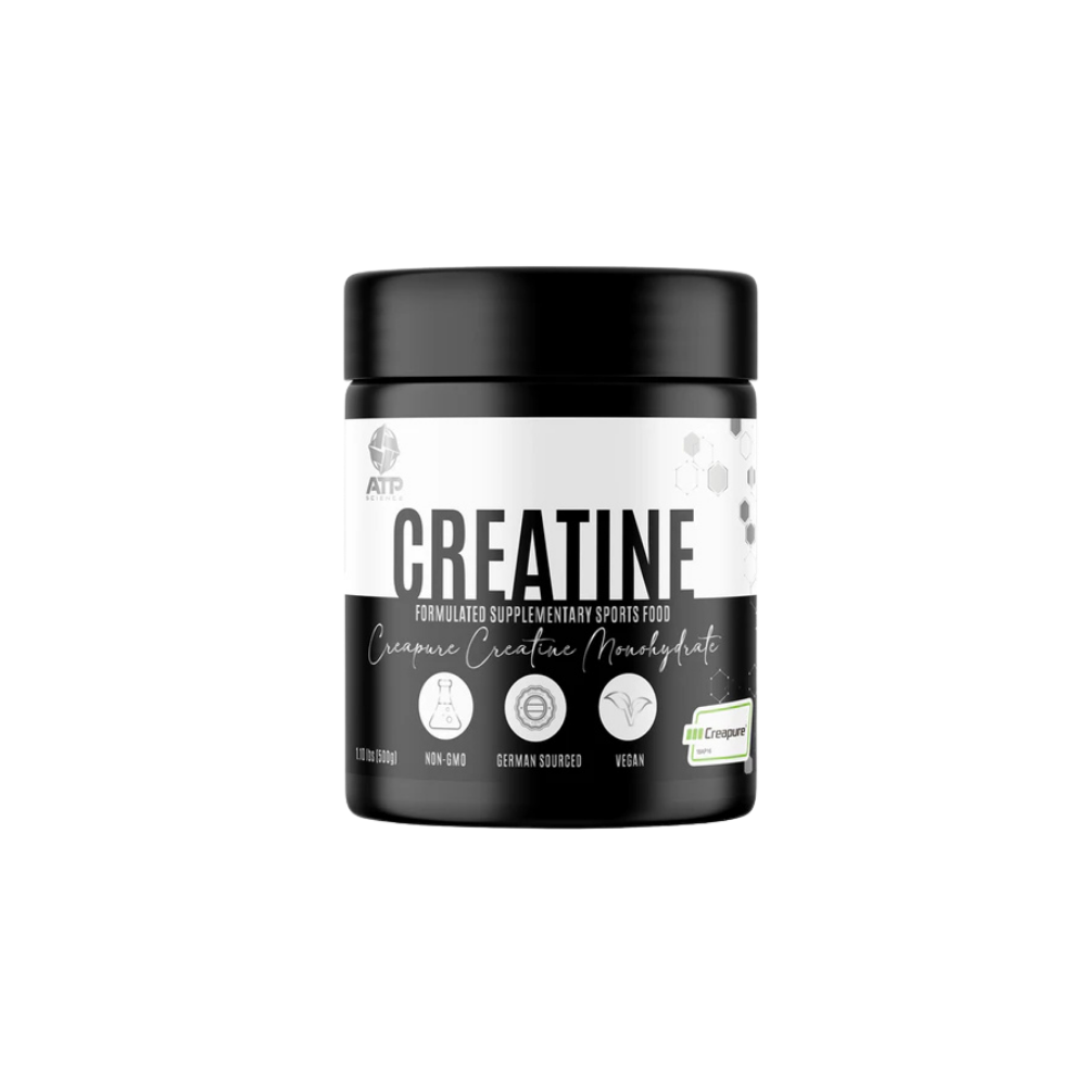 Creatine supplement container with black lid and white body on a white background