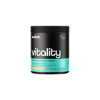 Black container of switch vitality greens powder on a white background