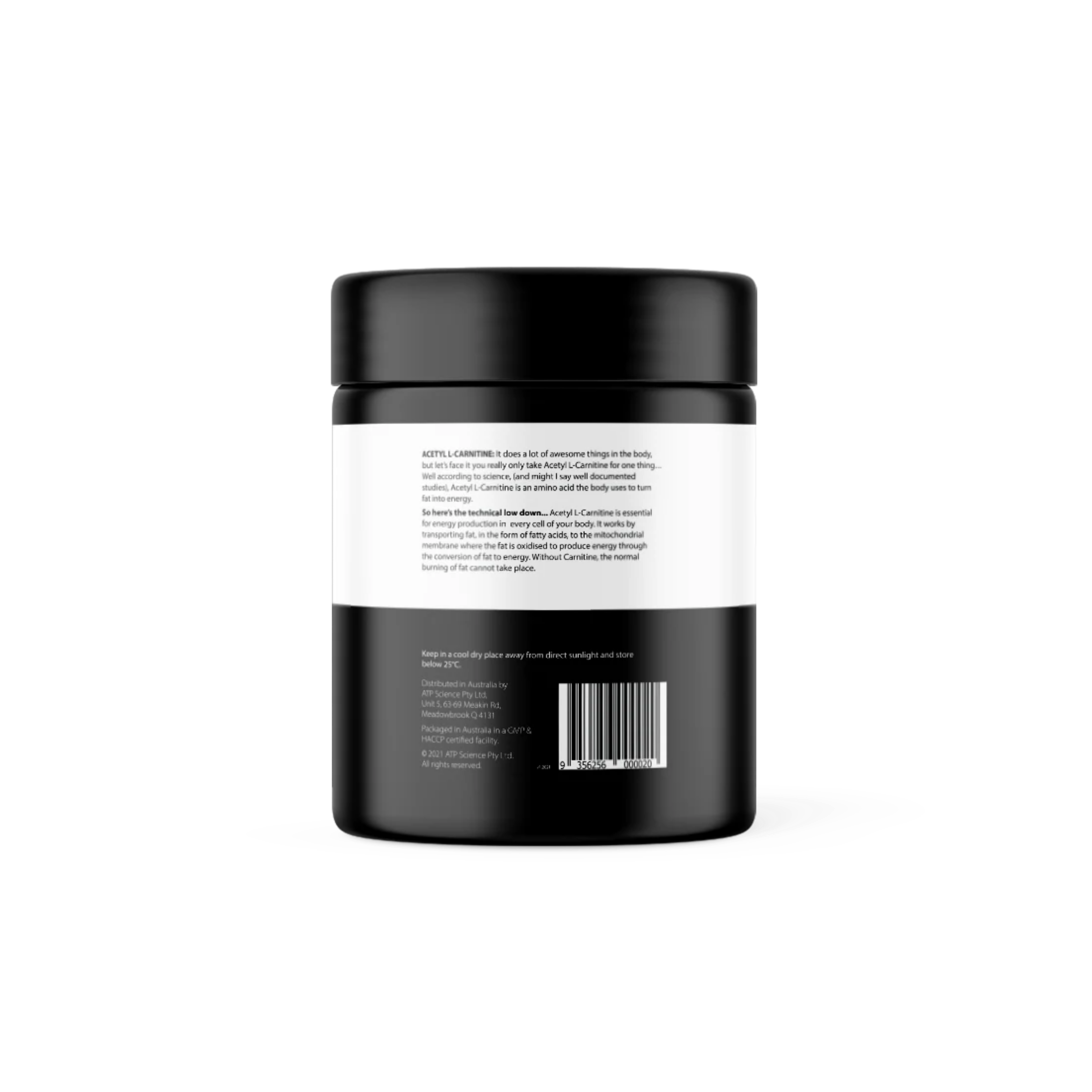 Black container with white label on a white background