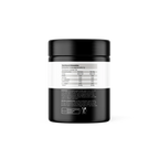 Black container with a white label on a white background