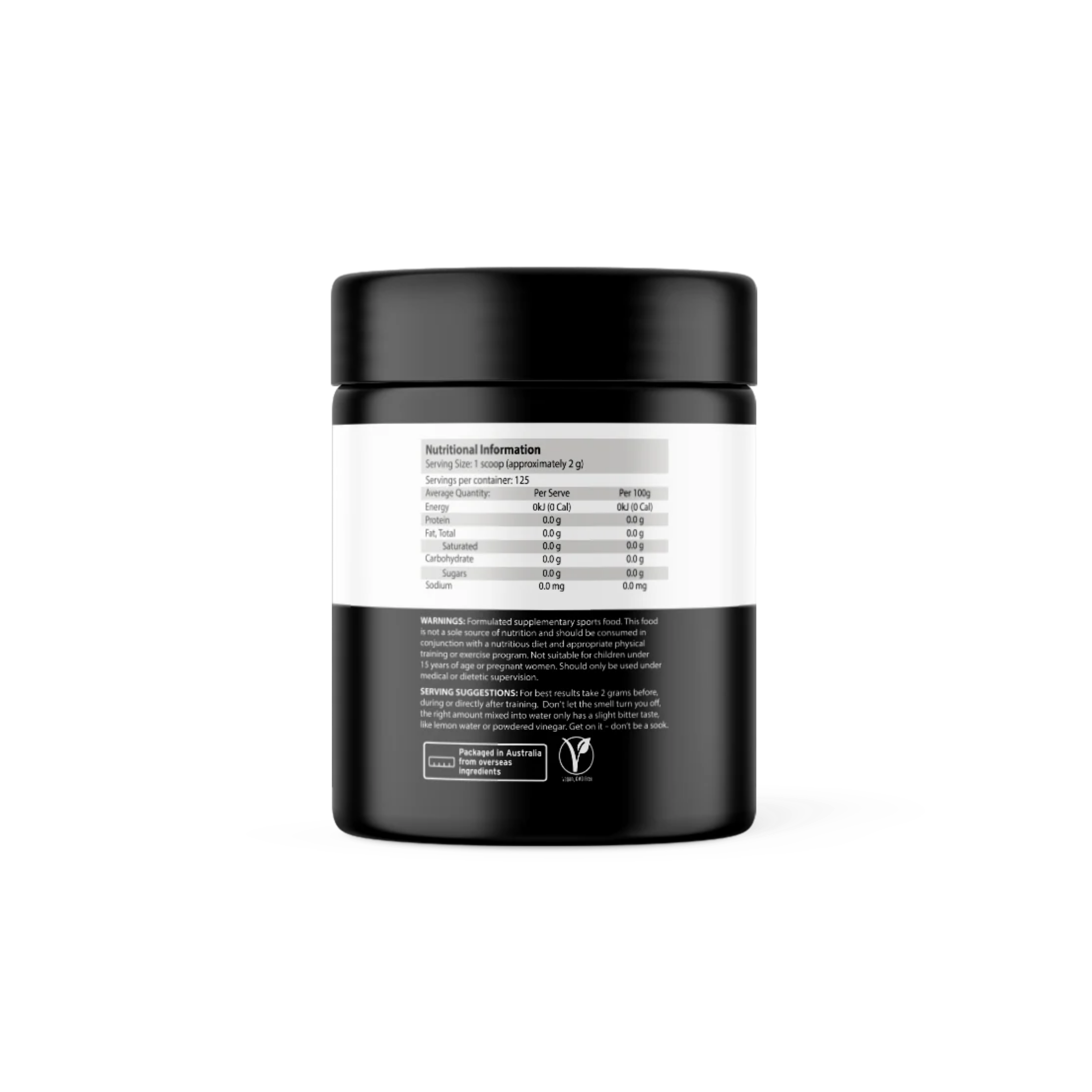 Black container with a white label on a white background