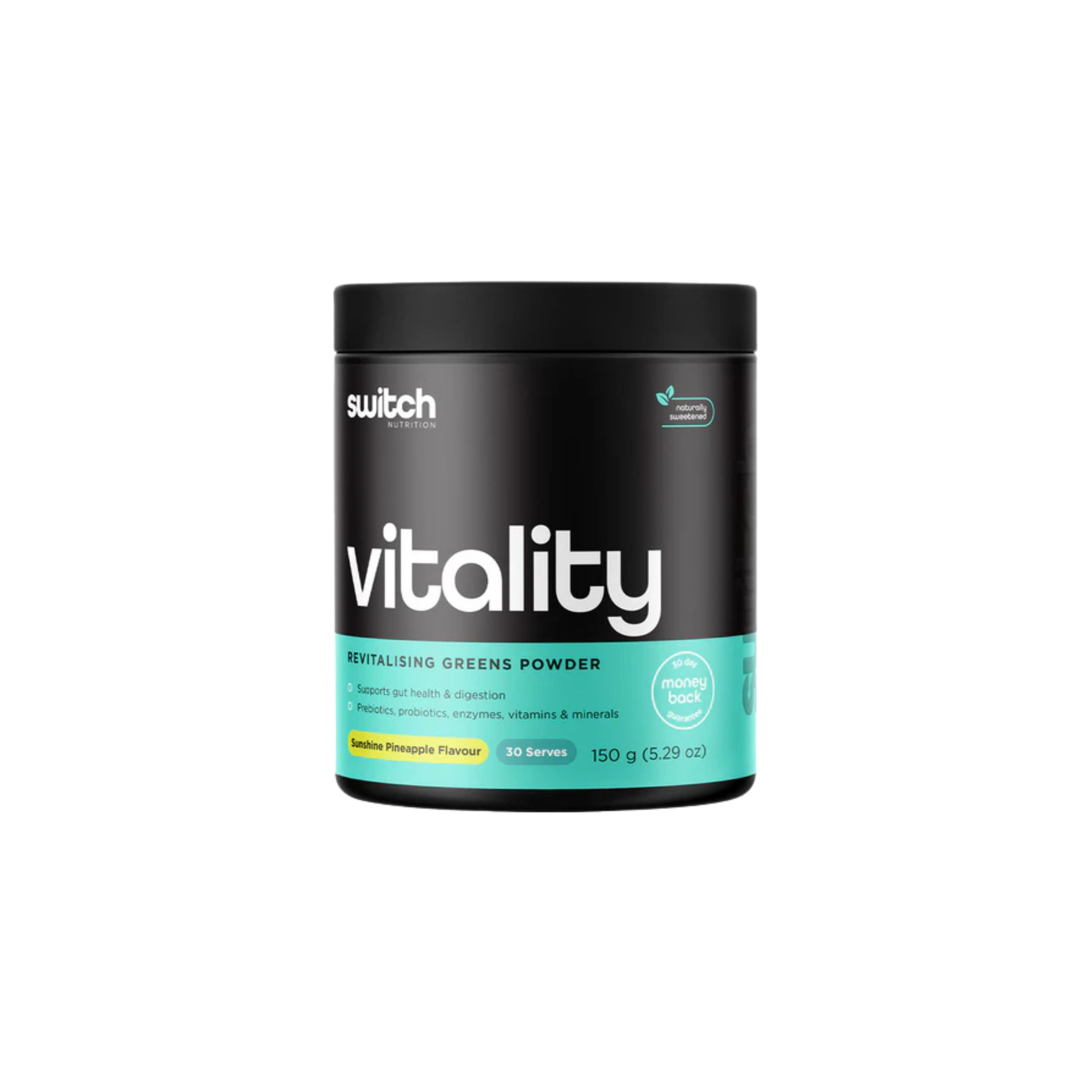 Container of switch vitality greens powder on a white background
