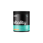 Container of switch vitality revitalising greens powder on a white background