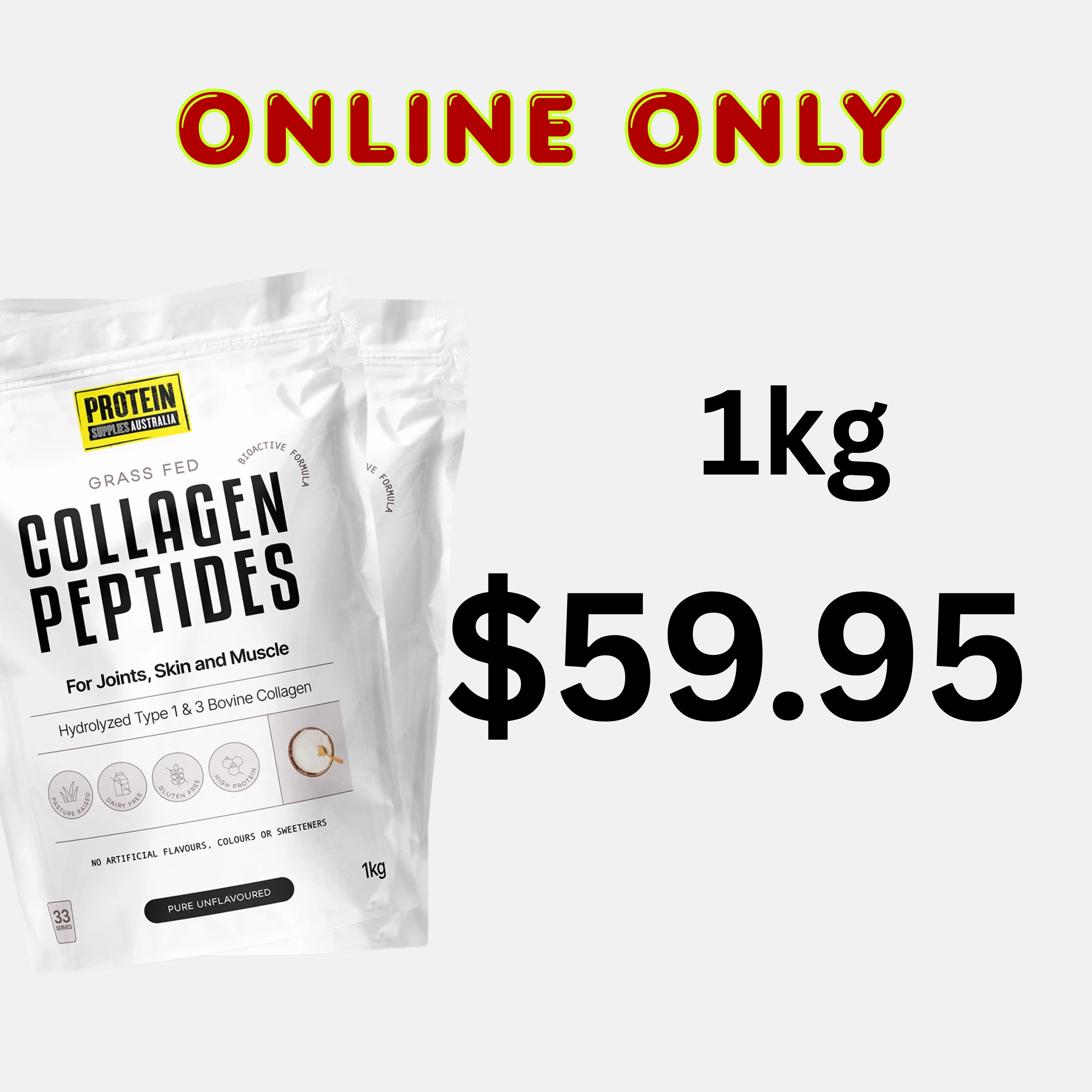 Protein Supplies Australia COLLAGEN PEPTIDES PURE PSA 1KG UNFLAVORED