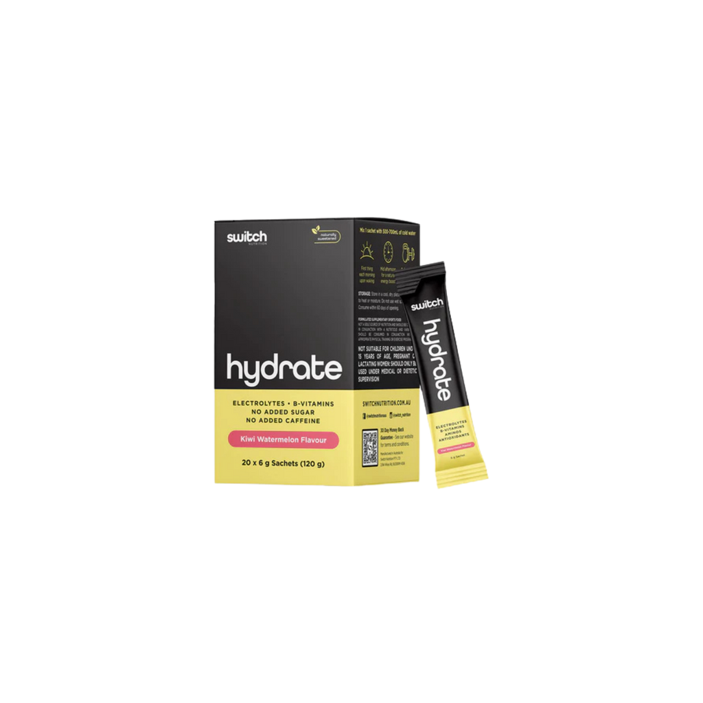 Hydrate supplement packaging with black and yellow design on a white background