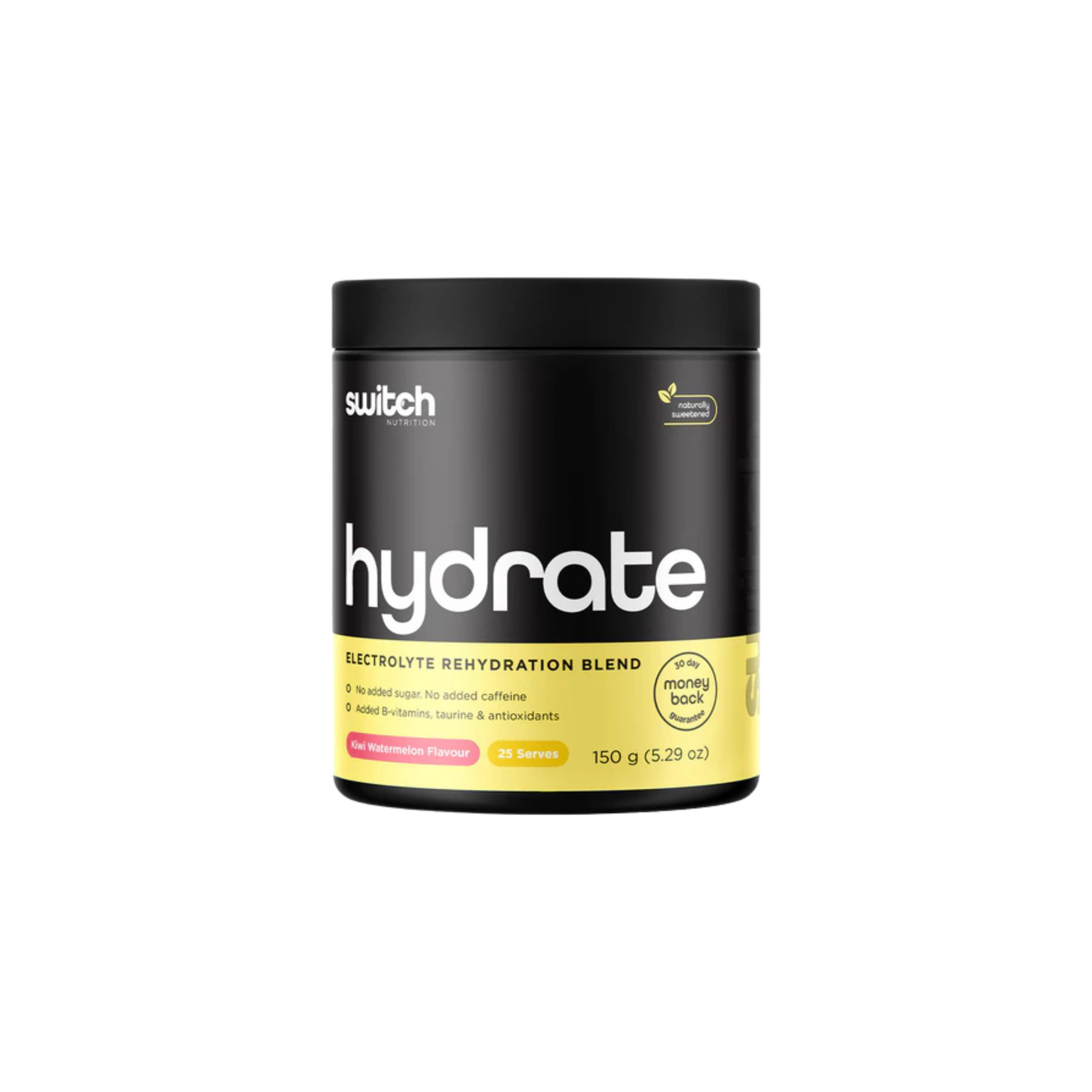 Black container of 'switch' hydrate electrolyte rehydration blend on a white background
