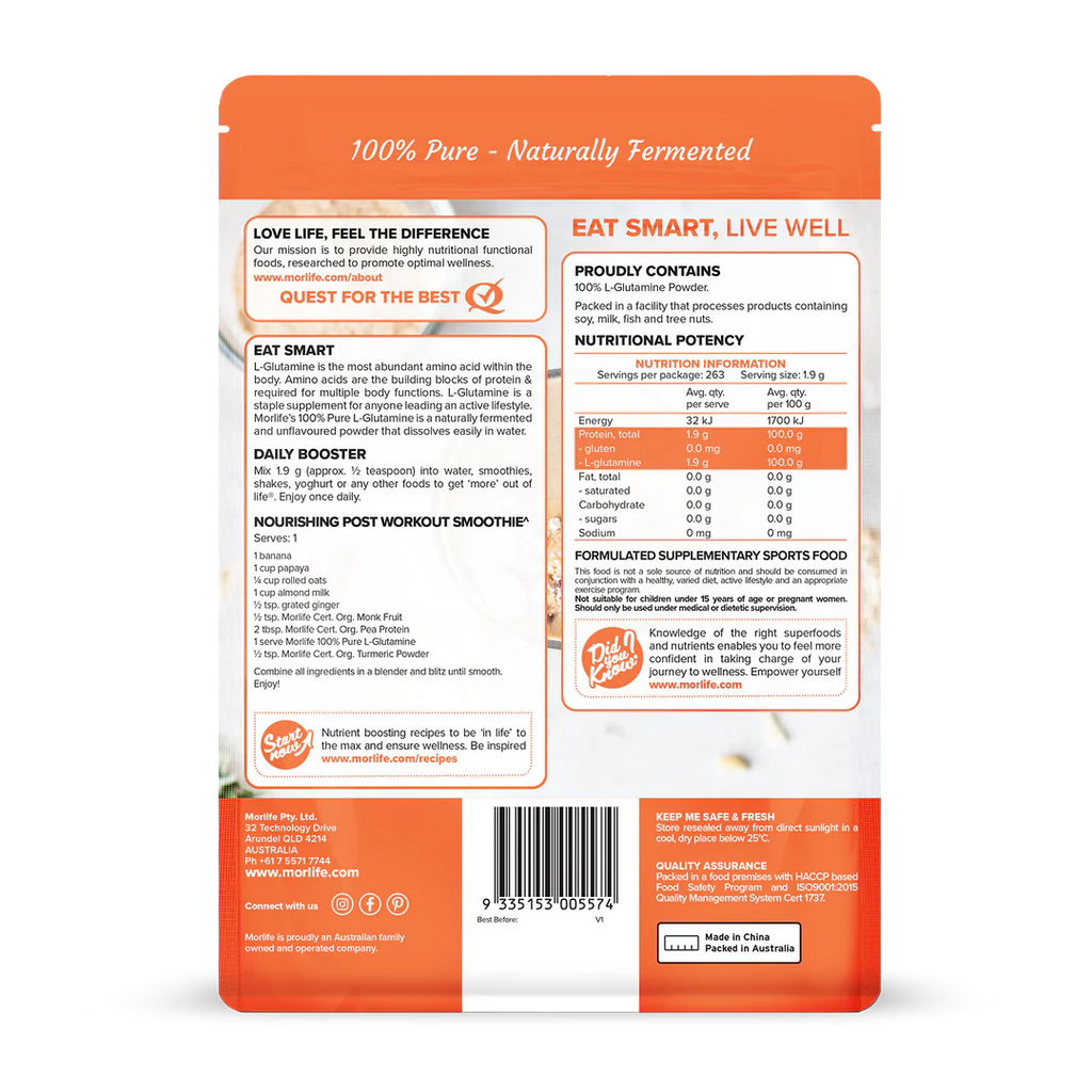 Morlife 100% Pure L-Glutamine Unflavoured 500g