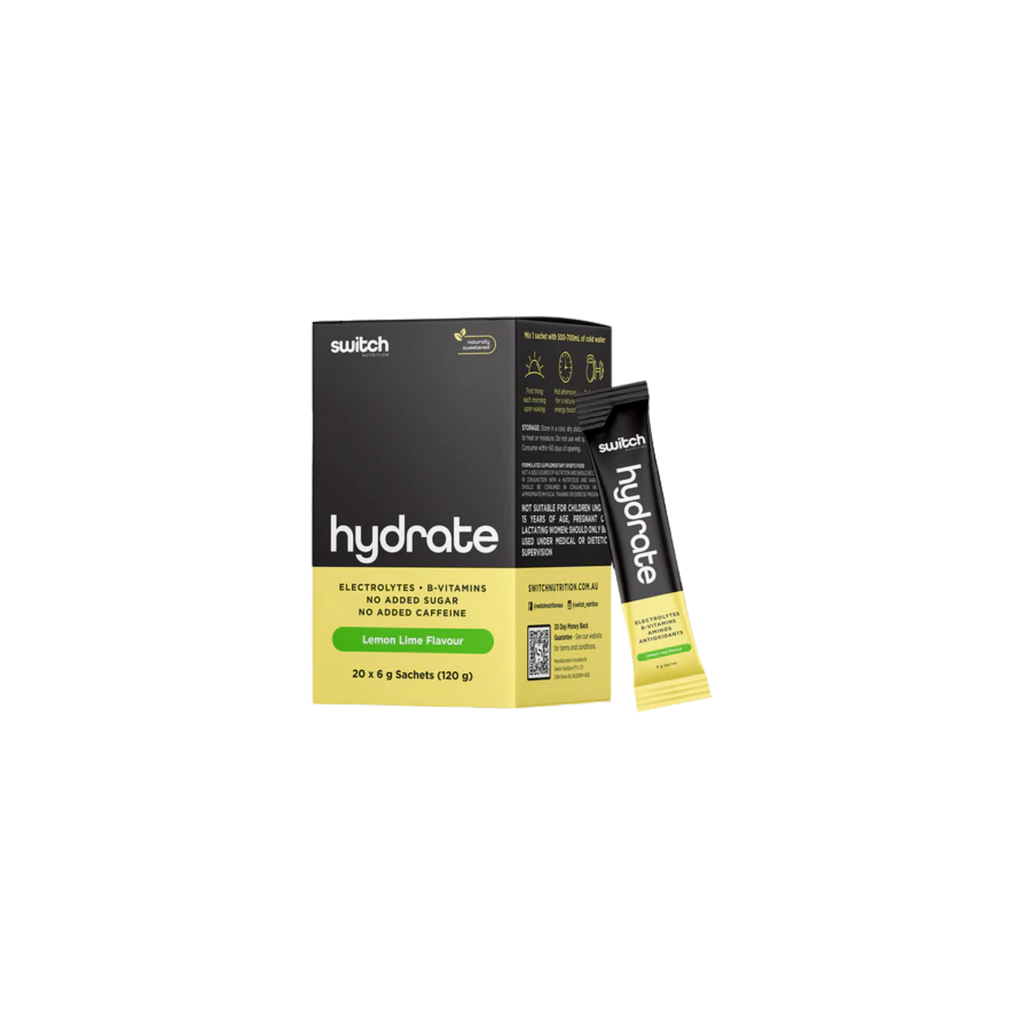 Hydrate supplement packaging with black and yellow design on a white background