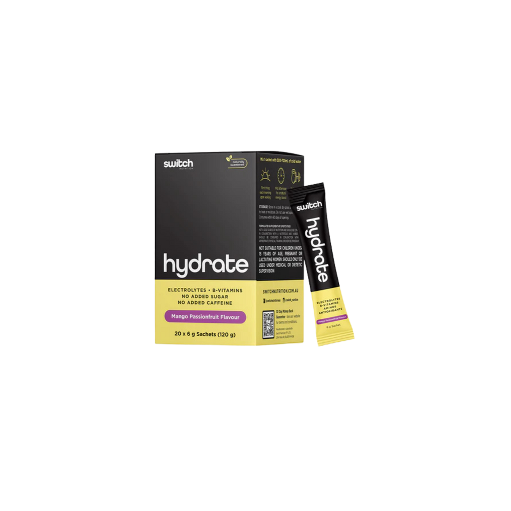 Switch Hydrate electrolyte powder packaging on a white background