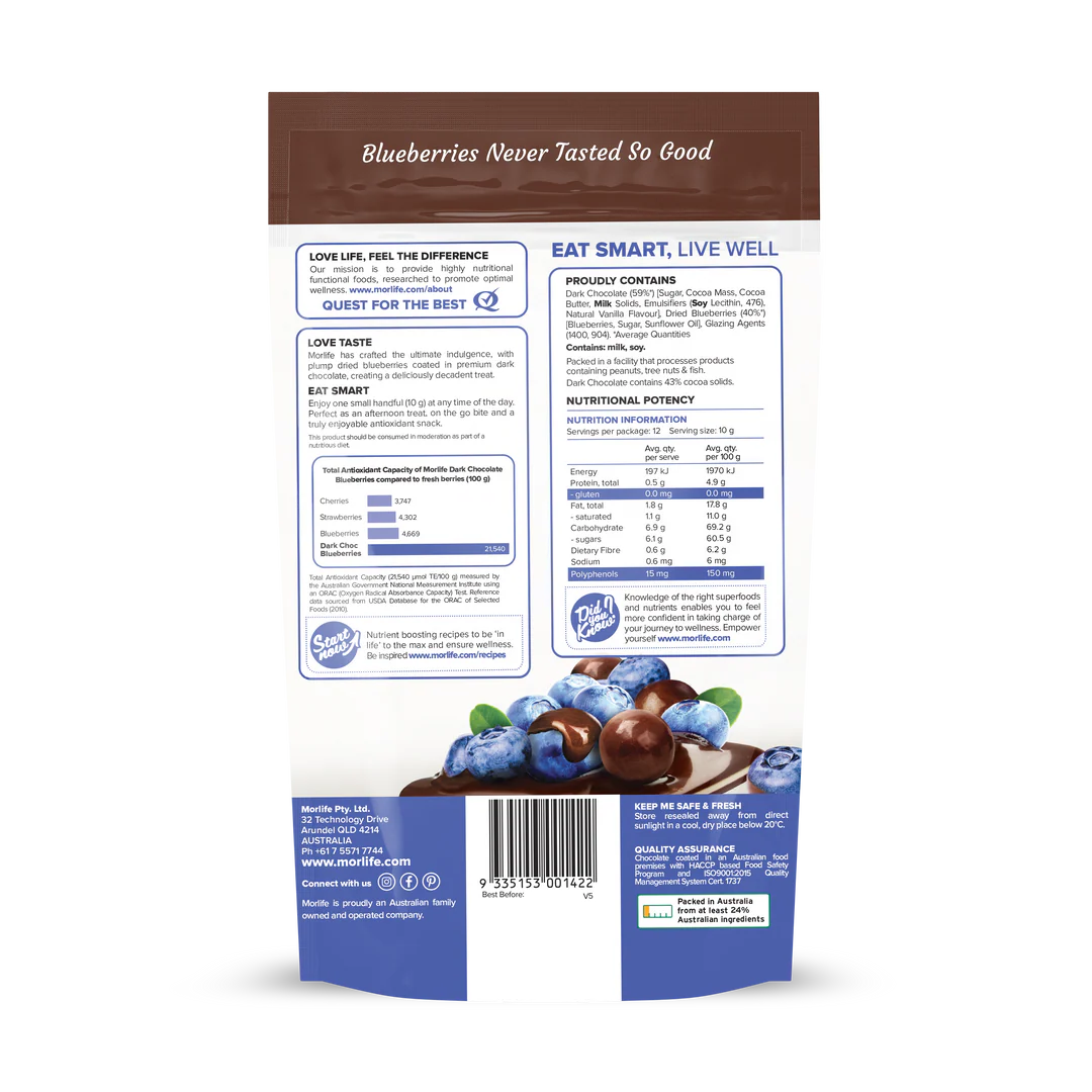 Morlife Dark Chocolate Blueberries 125g