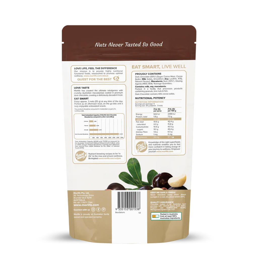 Morlife Dark Chocolate Macadamias 125g