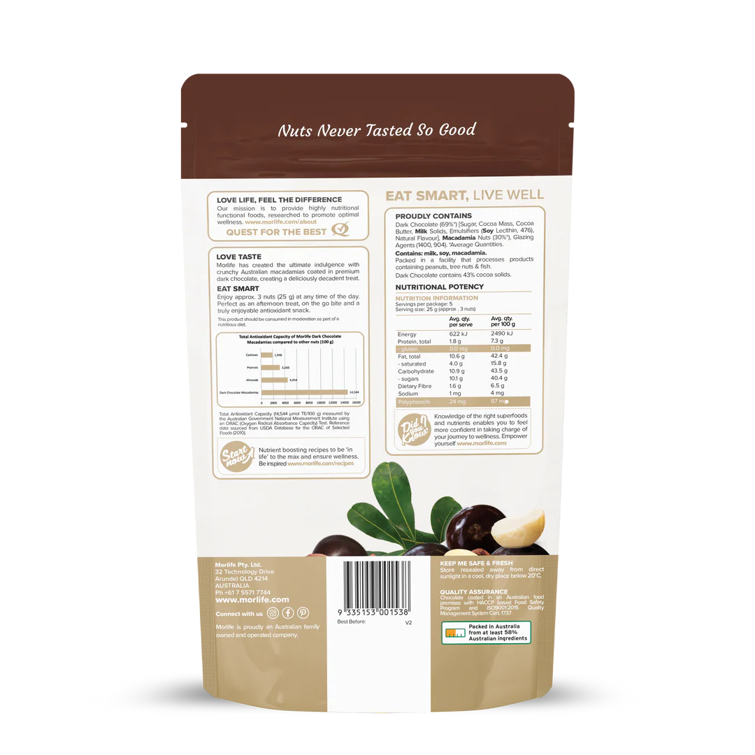 Morlife Dark Chocolate Macadamias 125g