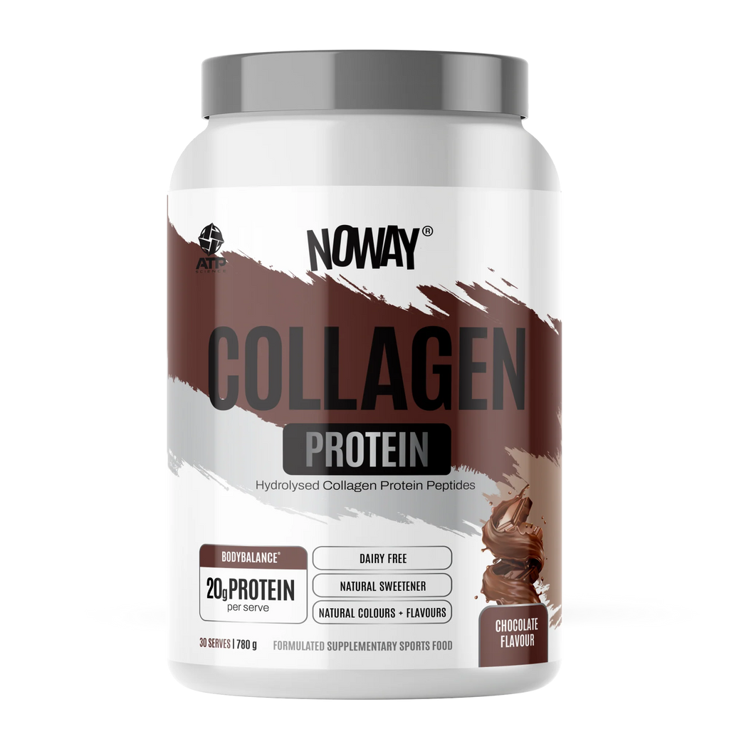 Container of Noway Collagen Protein with chocolate flavor on a white background