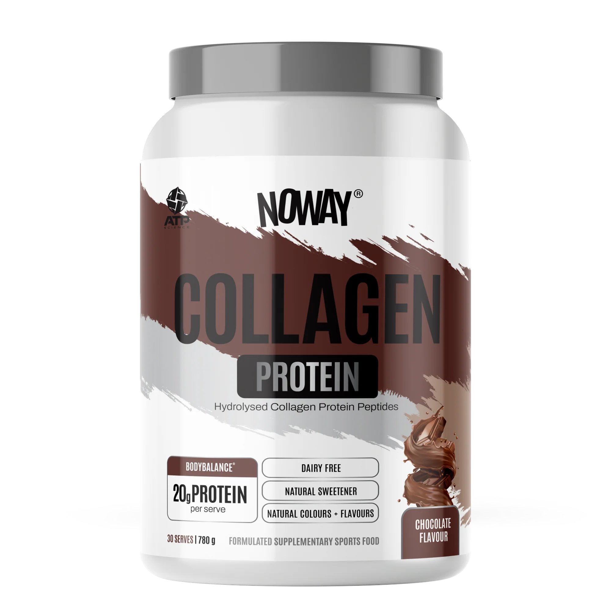 Container of Noway Collagen Protein with chocolate flavor on a white background