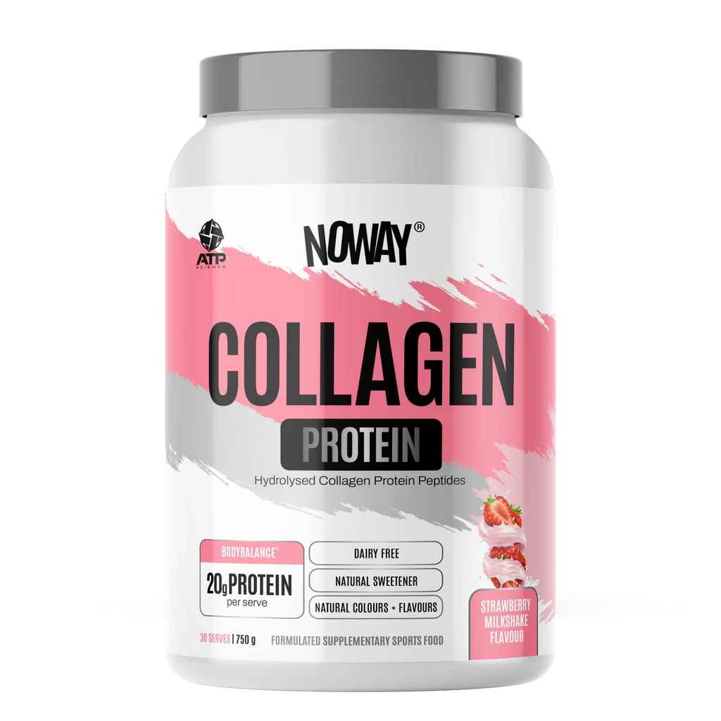 NOWAY Collagen Protein container with pink and white design on a white background