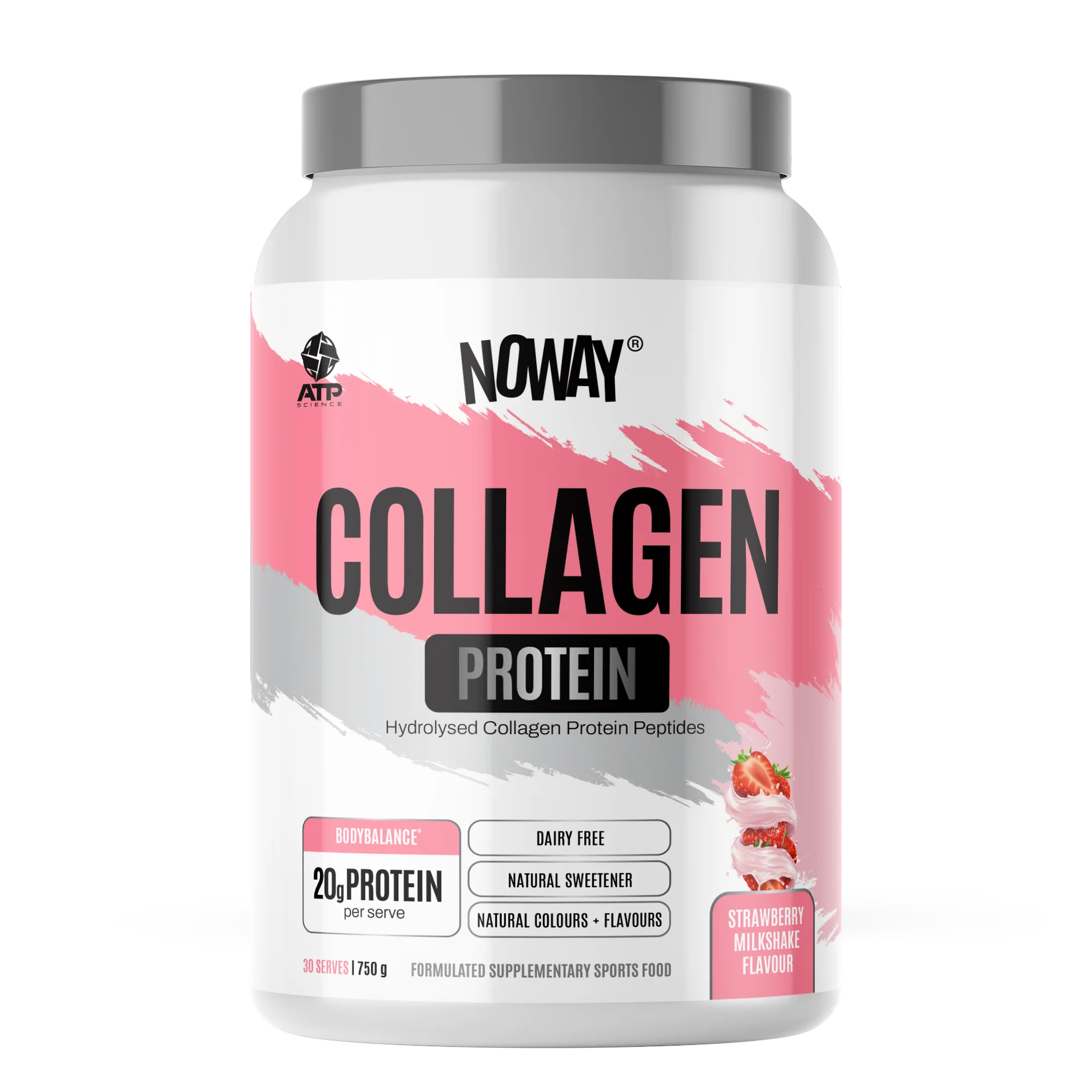 NOWAY Collagen Protein container with pink and white design on a white background