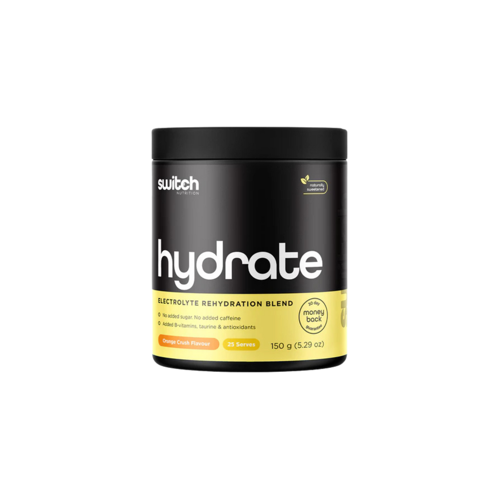 Black and yellow container of 'switch' hydrate electrolyte rehydration blend on a white background