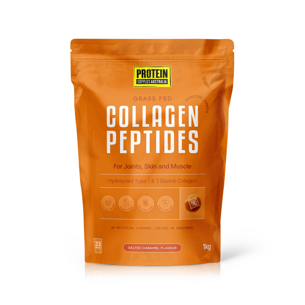 Orange package of Protein Australia Collagen Peptides on a white background