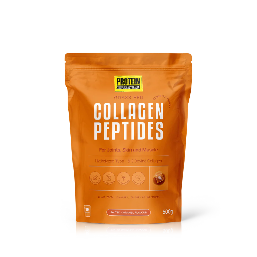 Orange package of collagen peptides on a white background