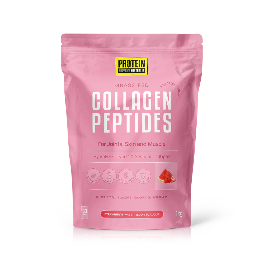 Pink package of Protein Australia Collagen Peptides on a white background
