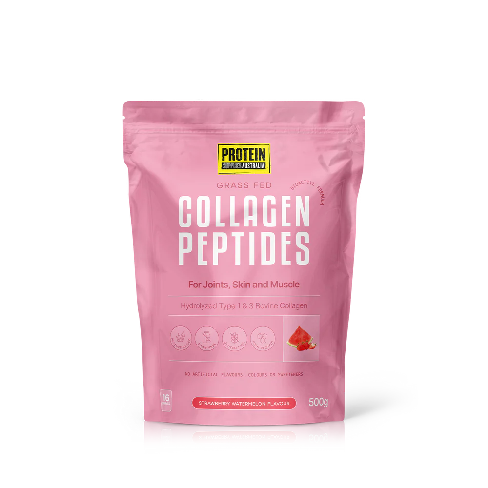 Pink package of Protein Australia collagen peptides on a white background