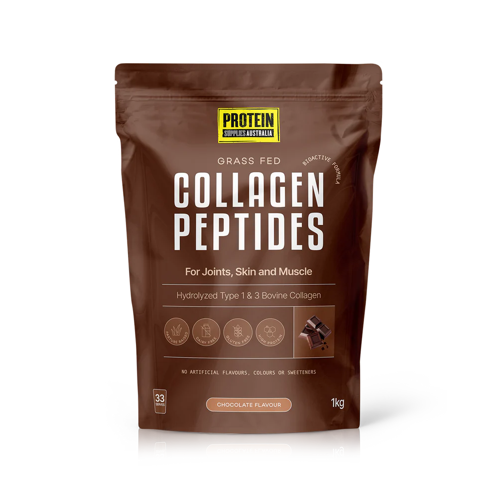 Brown package of Protein Australia Grass Fed Collagen Peptides on a white background