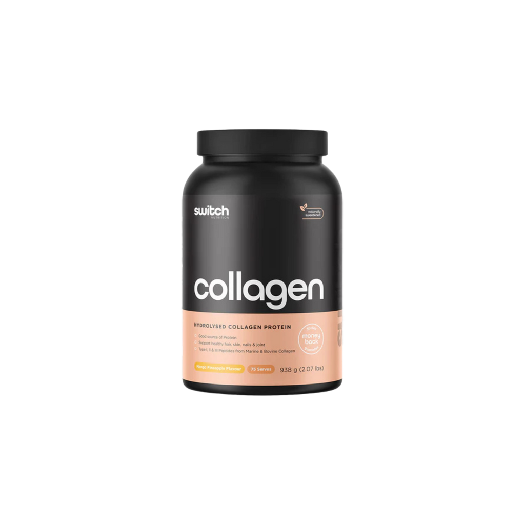 Black and pink supplement container labeled 'collagen' on a white background