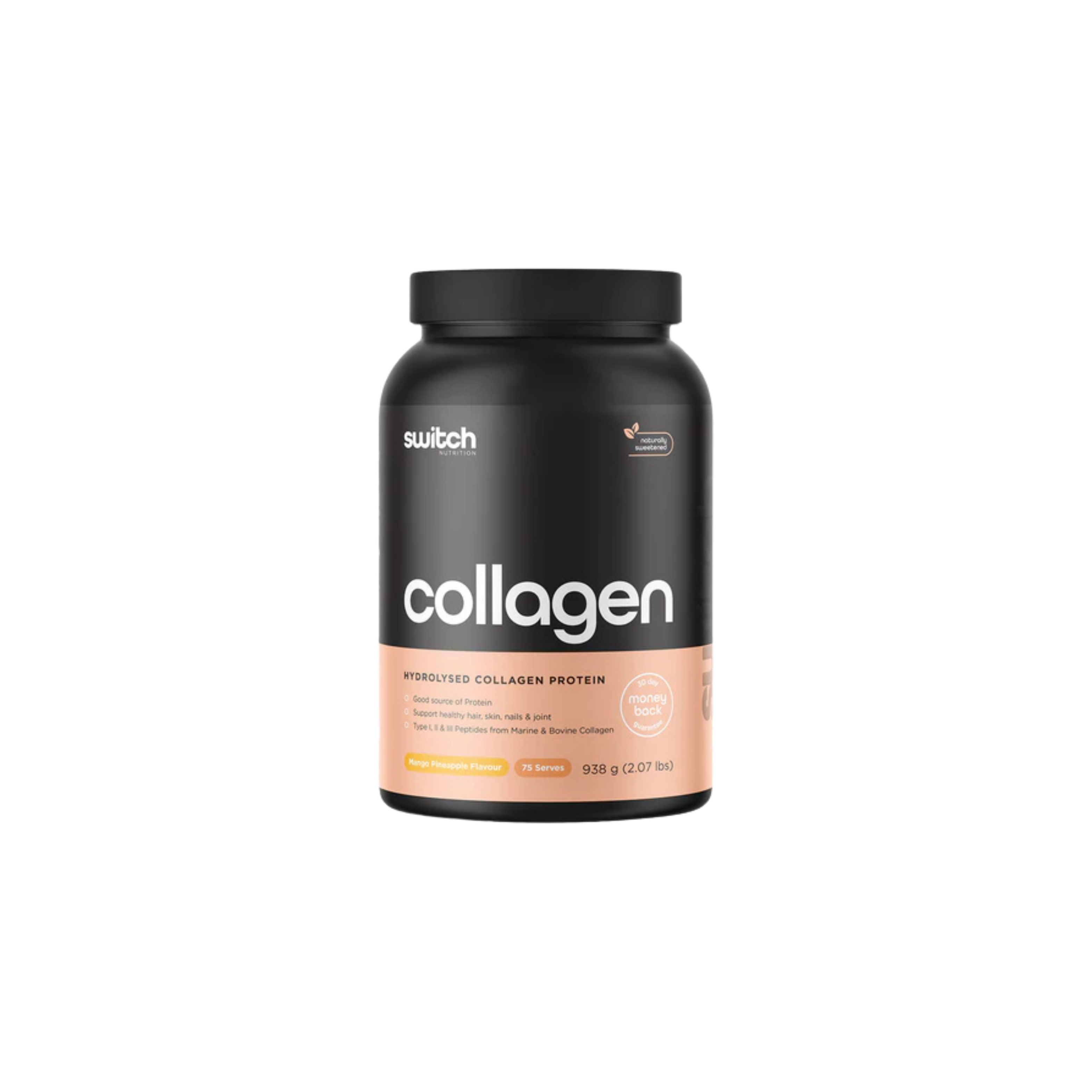 Black and pink supplement container labeled 'collagen' on a white background