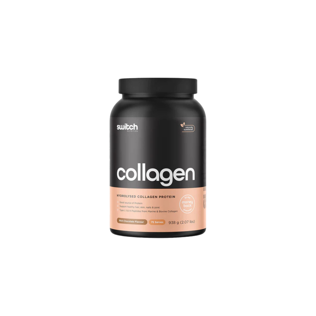 Black and pink container of switch collagen protein on a white background