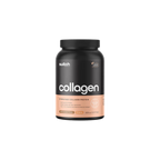 Black and pink container of switch collagen protein on a white background