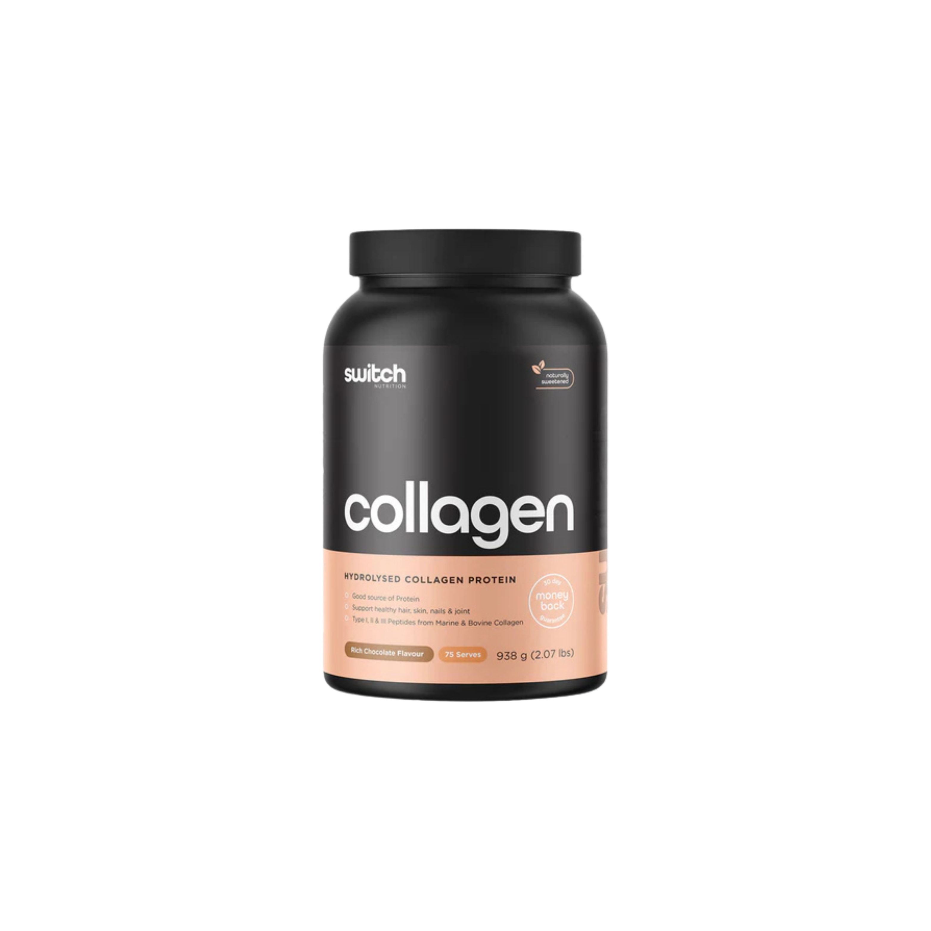 Black and pink container of switch collagen protein on a white background