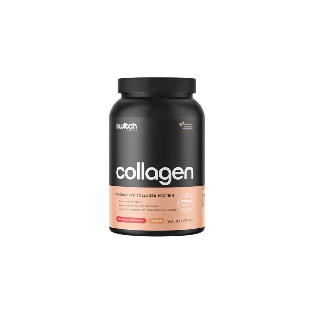 Black and pink container of switch collagen protein on a white background