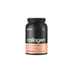 Black and pink container of switch collagen protein on a white background
