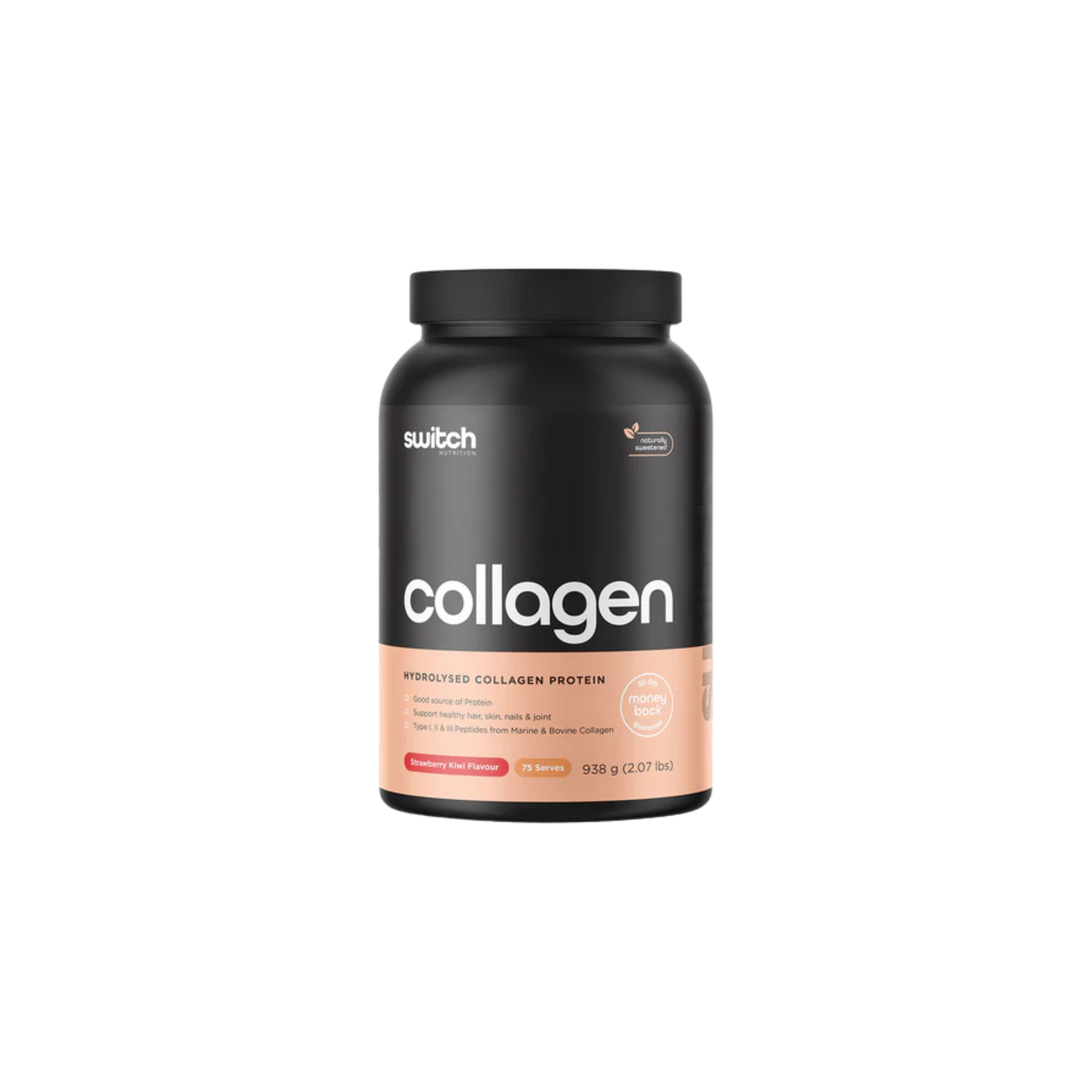 Black and pink container of switch collagen protein on a white background