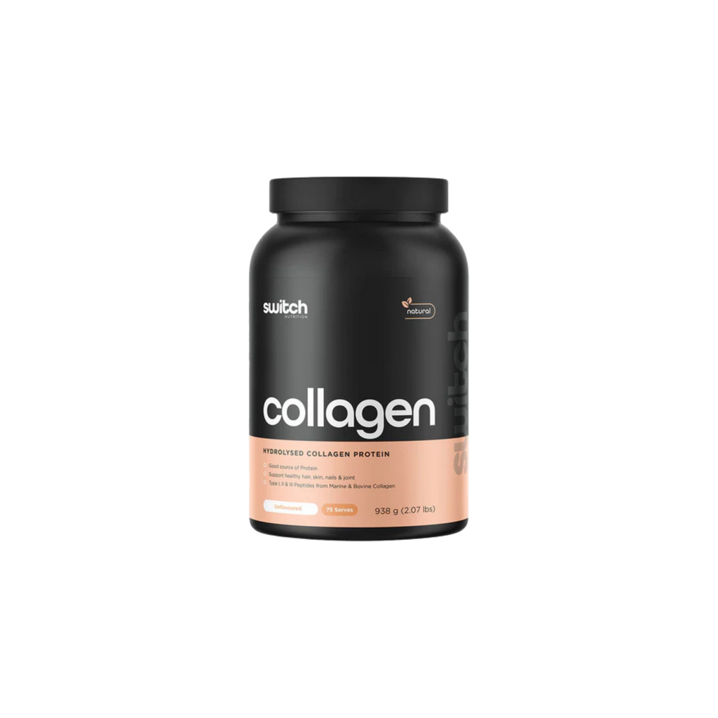 Black container of switch collagen protein on a white background