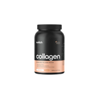 Black container of switch collagen protein on a white background